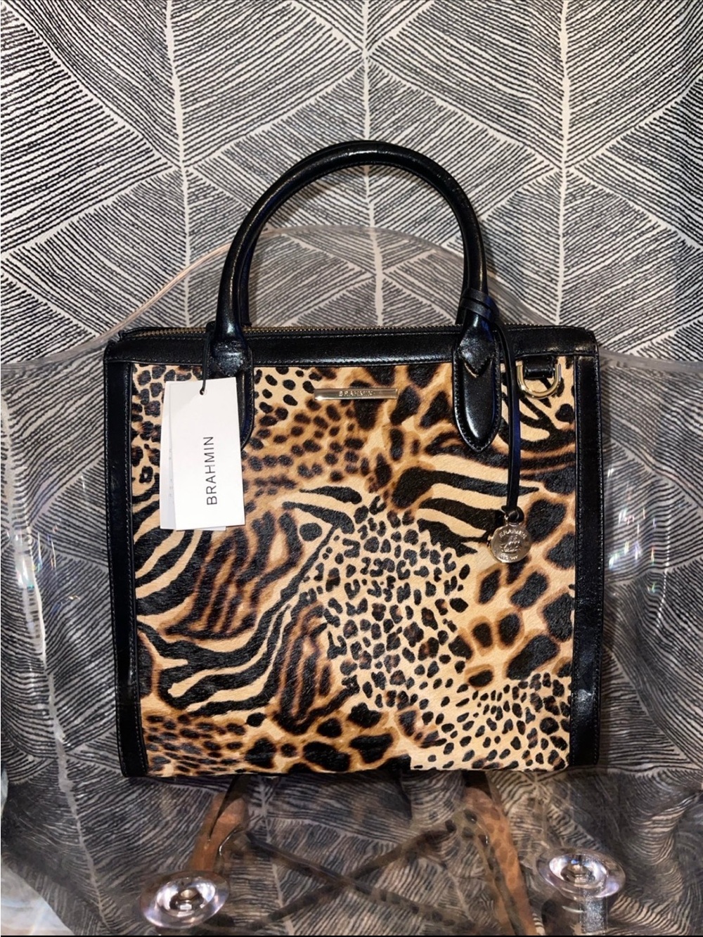 Brahmin Animal Print Satchel with Black Trim - Picture 2 of 14